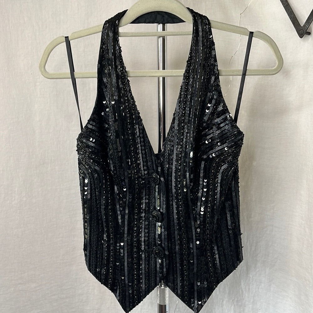 Oleg Cassini Black Sequin V-Neck Button Front Vest